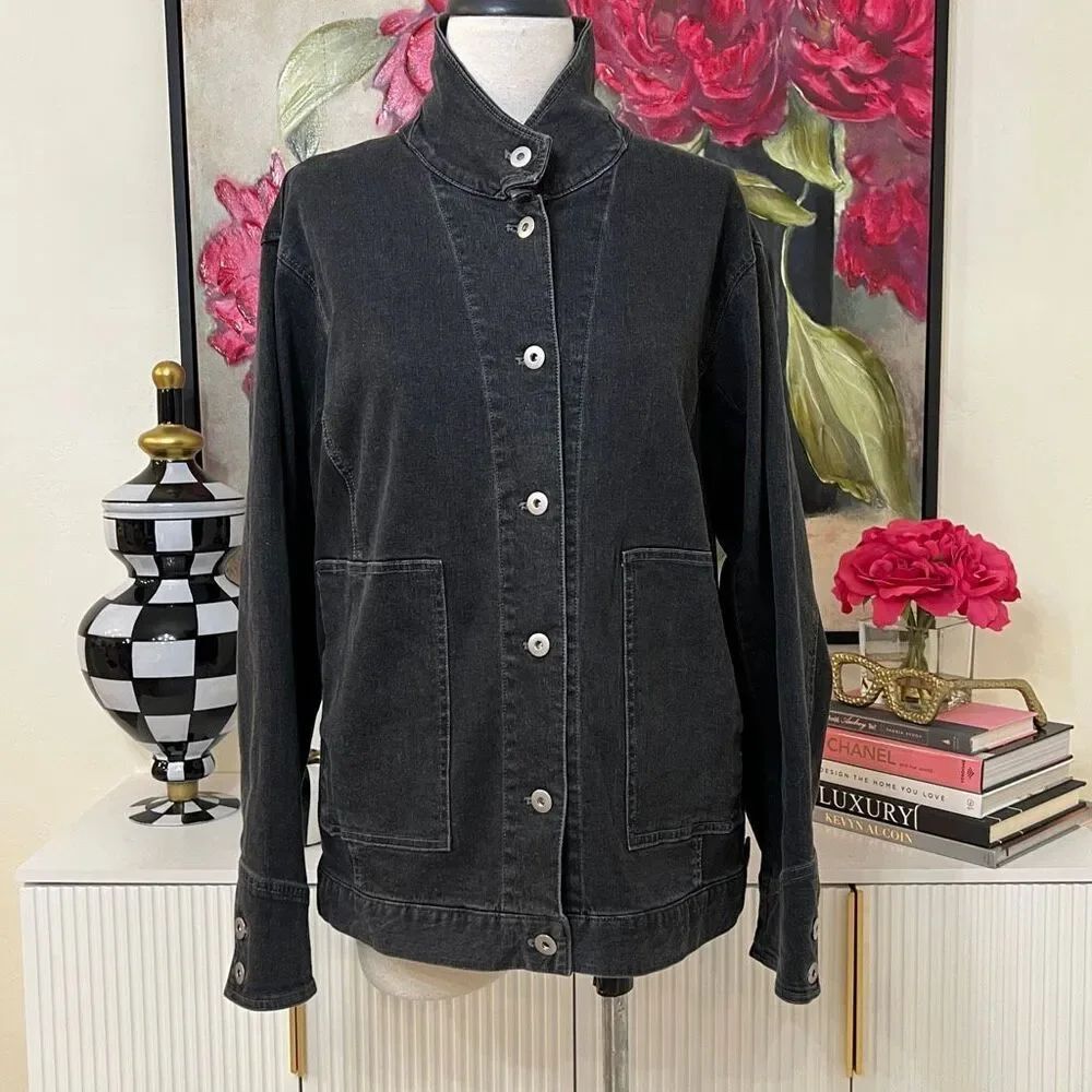 Clara Sun Woo Women's Button Front Cotton Stretch Denim Jacket Black Large